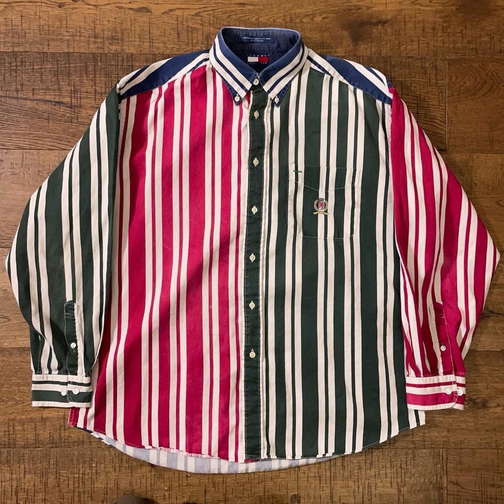 Tommy Hilfiger Button Up Mens Large Multi Retro 90s Striped Crest Logo Shirt